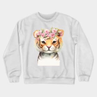 Baby Tiger With Pink Floral Crown Crewneck Sweatshirt